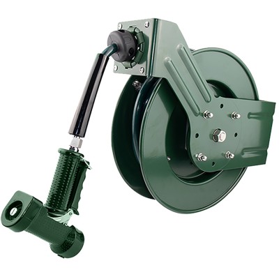 Professionel spulepistol med 10 m slangetromle, vægbeslag og automatisk oprulning, rustfrit stål 304, grøn | Adexa B71130110M