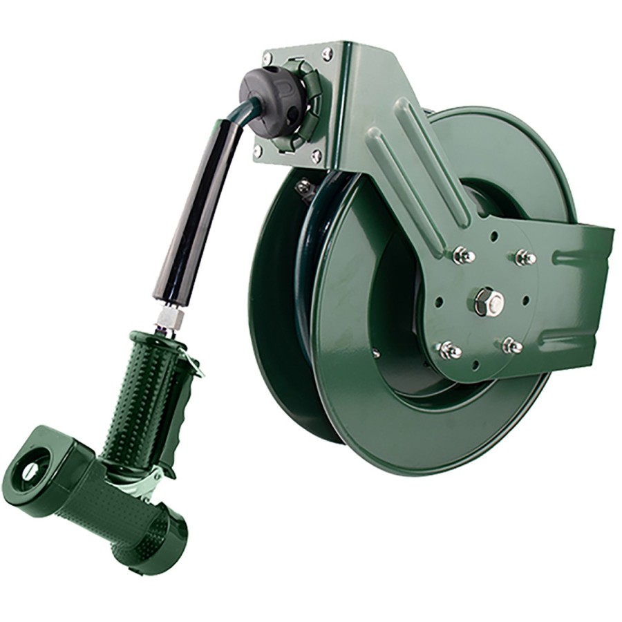 Professionel spulepistol med 10 m slangetromle, vægbeslag og automatisk oprulning, rustfrit stål 304, grøn | Adexa B71130110M