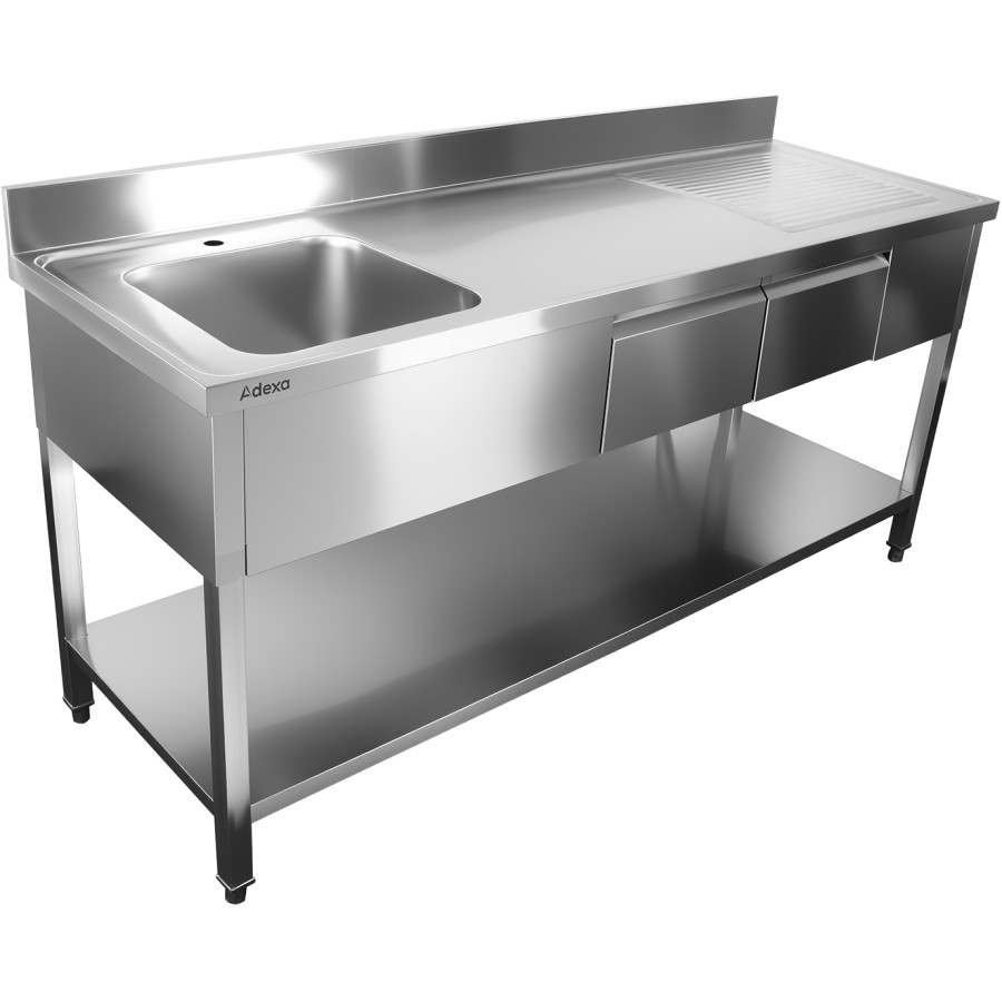 Vaskebord i rustfrit stål 1800x600x900 mm, 1 vask til venstre, 2 udtræk, sprøjtebeskyttelse | Adexa DSA2D18060L
