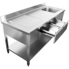 Vaskebord i rustfrit stål 1800x600x900 mm, 1 vask til højre, 2 udtræk, sprøjtebeskyttelse | Adexa DSA2D18060R