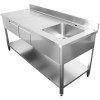 Vaskebord i rustfrit stål 1800x600x900 mm, 1 vask til højre, 2 udtræk, sprøjtebeskyttelse | Adexa DSA2D18060R