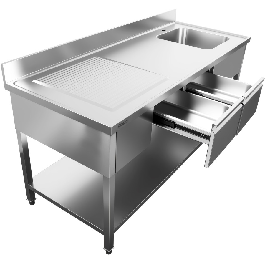 Vaskebord i rustfrit stål 1800x600x900 mm, 1 vask til højre, 2 udtræk, sprøjtebeskyttelse | Adexa DSA2D18060R