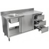Vask med underskab med skydedøre, 3 udtræk, rustfrit stål, 1400 x 600 x 900 mm, 1 vask til venstre, stænkskærm | Adexa DSA601402D3DL