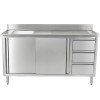 Vask med underskab med skydedøre 3 skuffer rustfrit stål 1600x600x900mm 1 skuffe til venstre Stænkplade | Adexa DSA601602D3DL