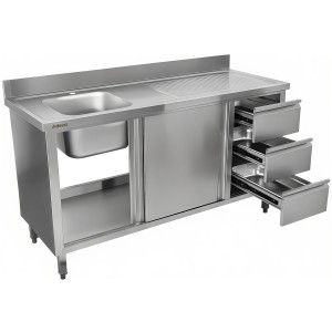 Vask med underskab med skydedøre 3 skuffer rustfrit stål 1600x600x900mm 1 skuffe til venstre Stænkplade | Adexa DSA601602D3DL