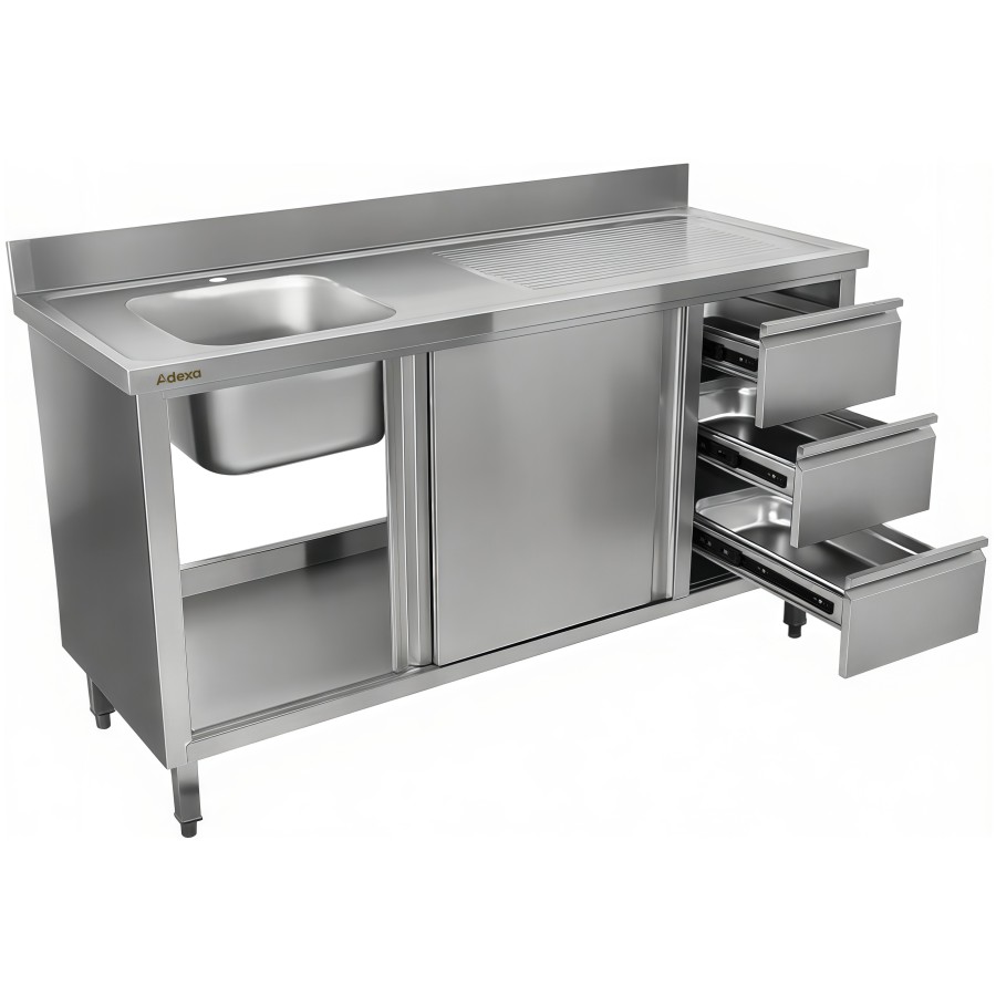 Vask med underskab med skydedøre 3 skuffer rustfrit stål 1600x600x900mm 1 skuffe til venstre Stænkplade | Adexa DSA601602D3DL
