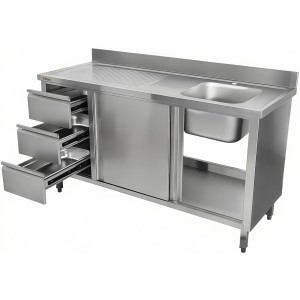 Vask med underskab med skydedøre 3 skuffer rustfrit stål 1600x600x900mm 1 skuffe til højre Splashback | Adexa DSA601602D3DR