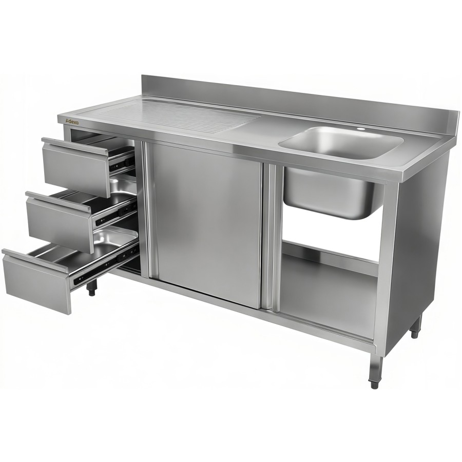 Vask med underskab med skydedøre 3 skuffer rustfrit stål 1600x600x900mm 1 skuffe til højre Splashback | Adexa DSA601602D3DR