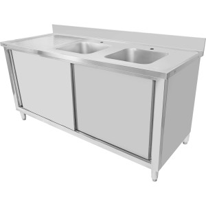 Vaskebord med underskab 2 skydedøre Rustfrit stål 1500x600x950mm 2 kummer til højre Stænkskærm | Adexa DSD15602DR