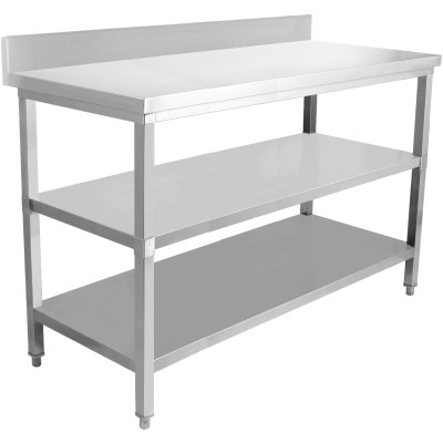 Arbejdsbord i rustfrit stål med 3 hylder, bagkant, firkantede ben, 1600 x 700 x 900 mm | Adexa DW3T16070B