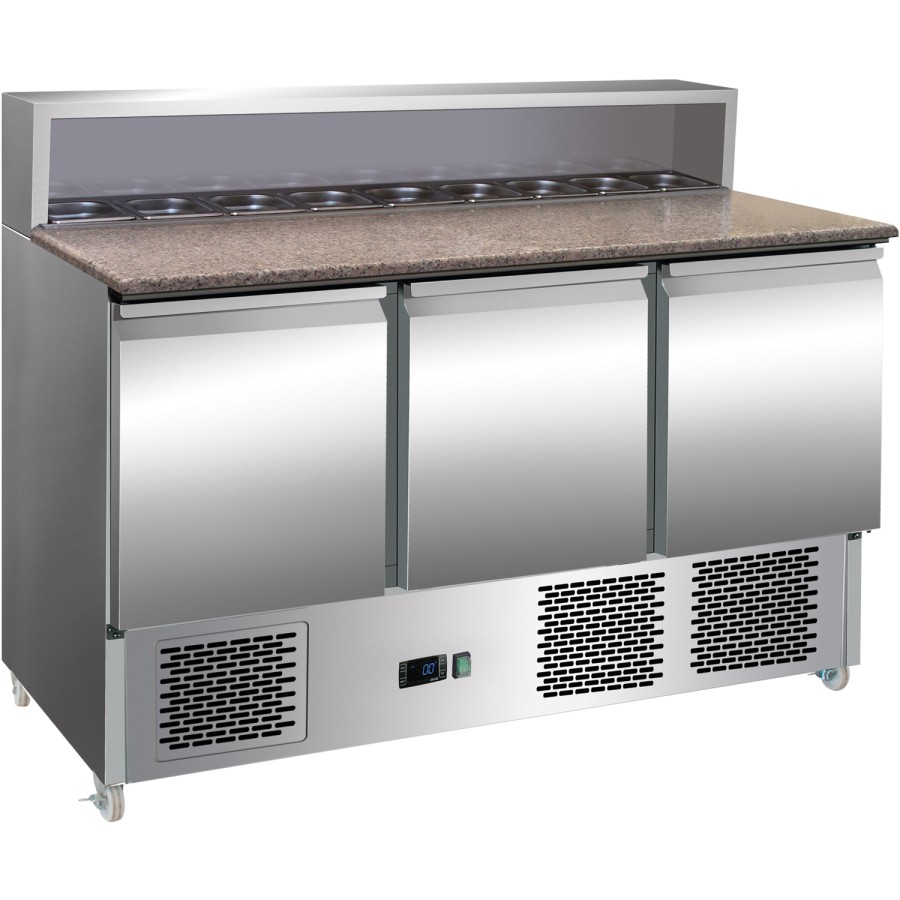 Kølebænk med pizzatop 3 døre Rustfrit stål 8xGN1/6 Dybde 700mm | Adexa PZ33