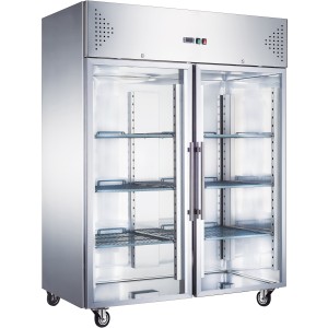 Professionel fryser GN2/1 1200 liter med dobbelt glasdør i rustfrit stål Statisk køling med hjul og lås | Adexa F1200SGLASS