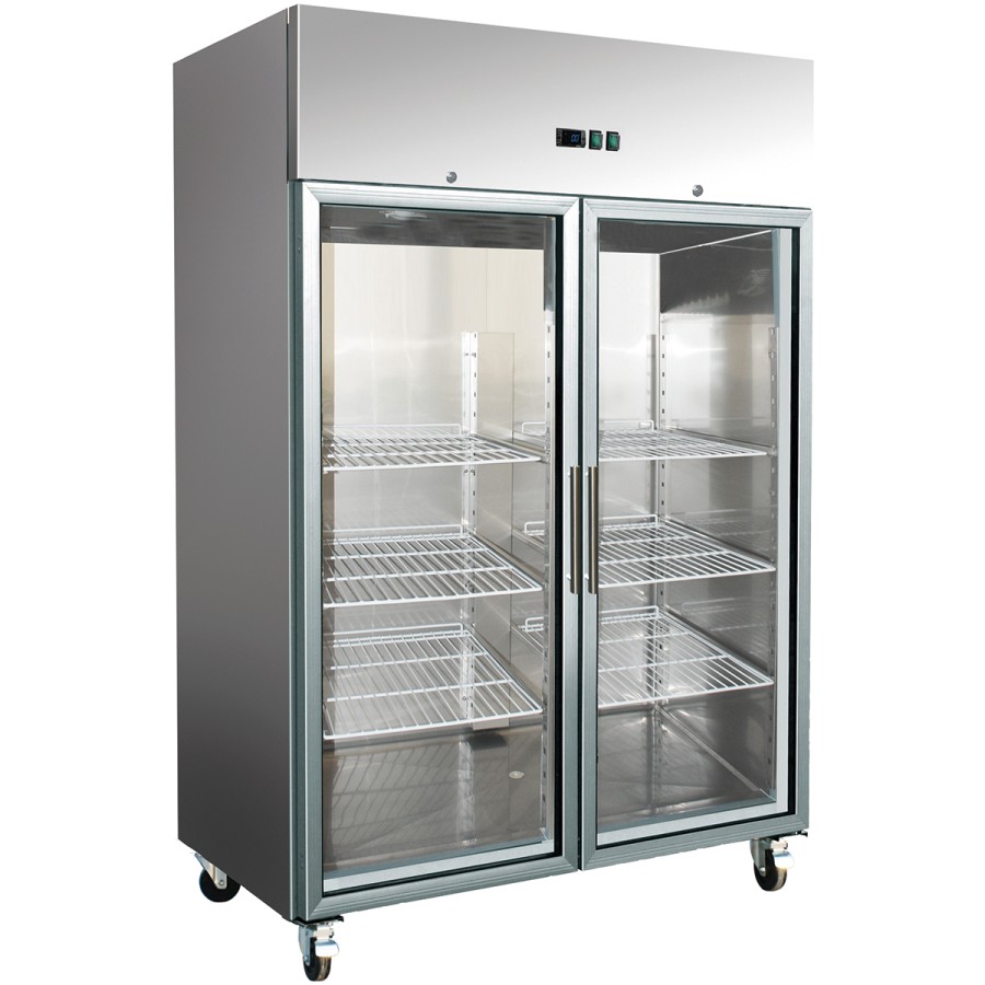 Professionelt fryseskab, 1300 liter, 2 glasdøre, GN 2/1, ventileret køling | Adexa F1400VGLASS