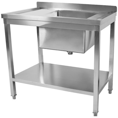 Vask i rustfrit stål 800x600x900 mm, 1 kum til højre, stænkskærm, underhylde | Adexa STD08060R