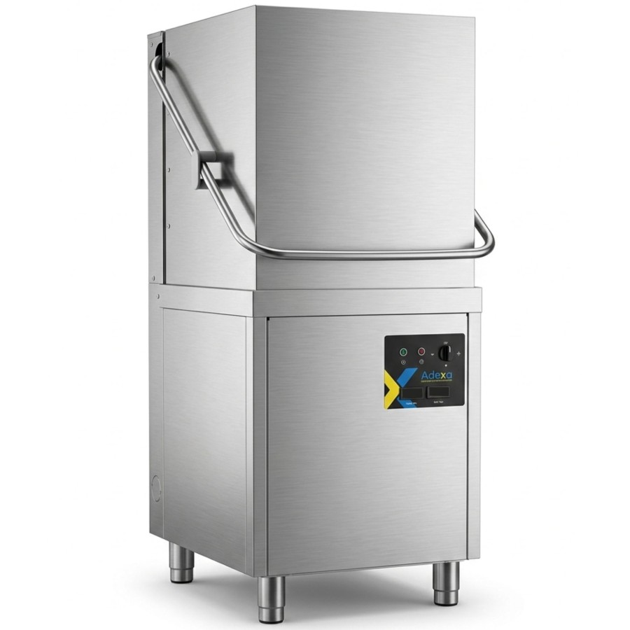 Hættetype Opvaskemaskine 500 x 500 mm kurv, 40 kurve/time, tømningspumpe, opvaskemiddelpumpe, skyllemiddelpumpe, 400 V/3-faset | Adexa WZ100DRDP