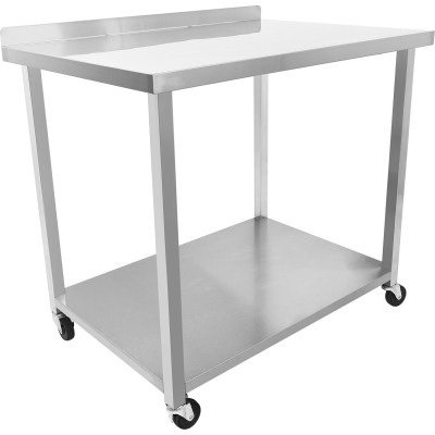 Arbejdsbord i rustfrit stål med hjul med bundhylde og bagkant 1000x700x900mm | Adexa DWTC70100B