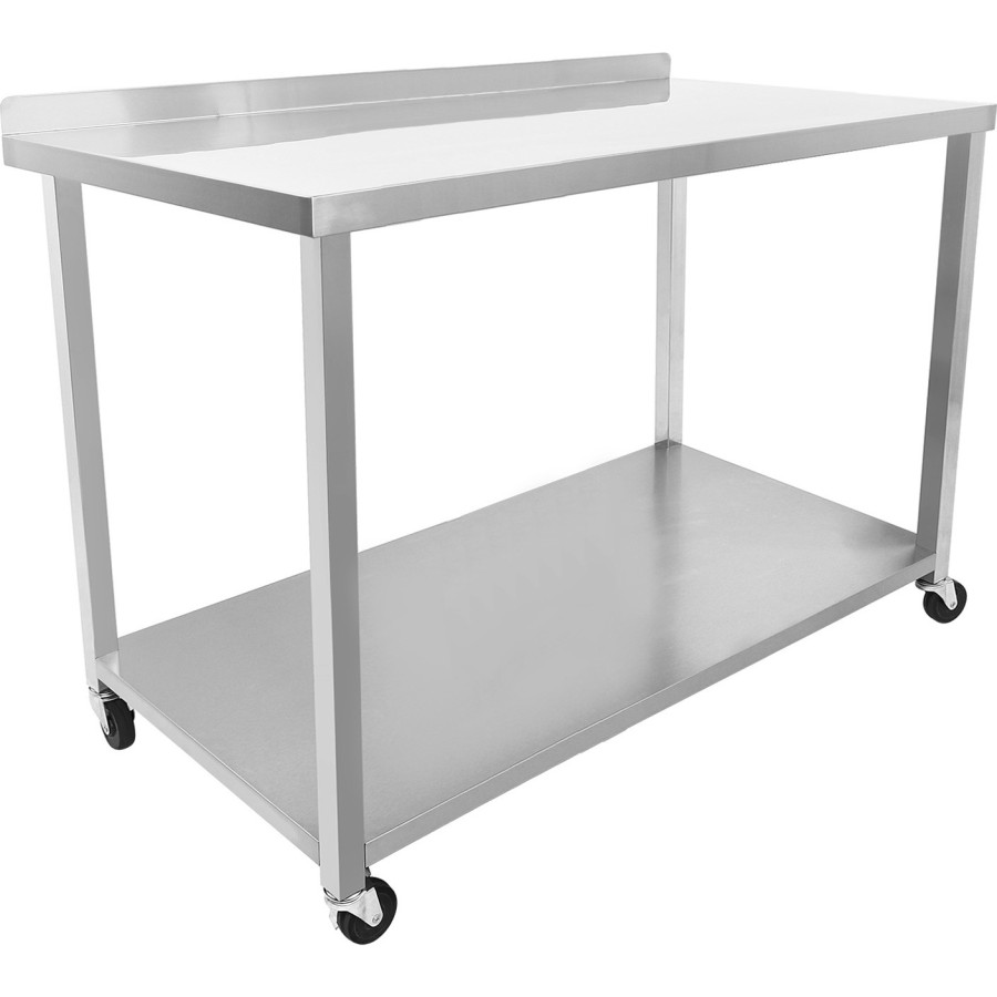 Arbejdsbord i rustfrit stål med hjul, bundhylde og bagkant 1200x700x900mm | Adexa DWTC70120B