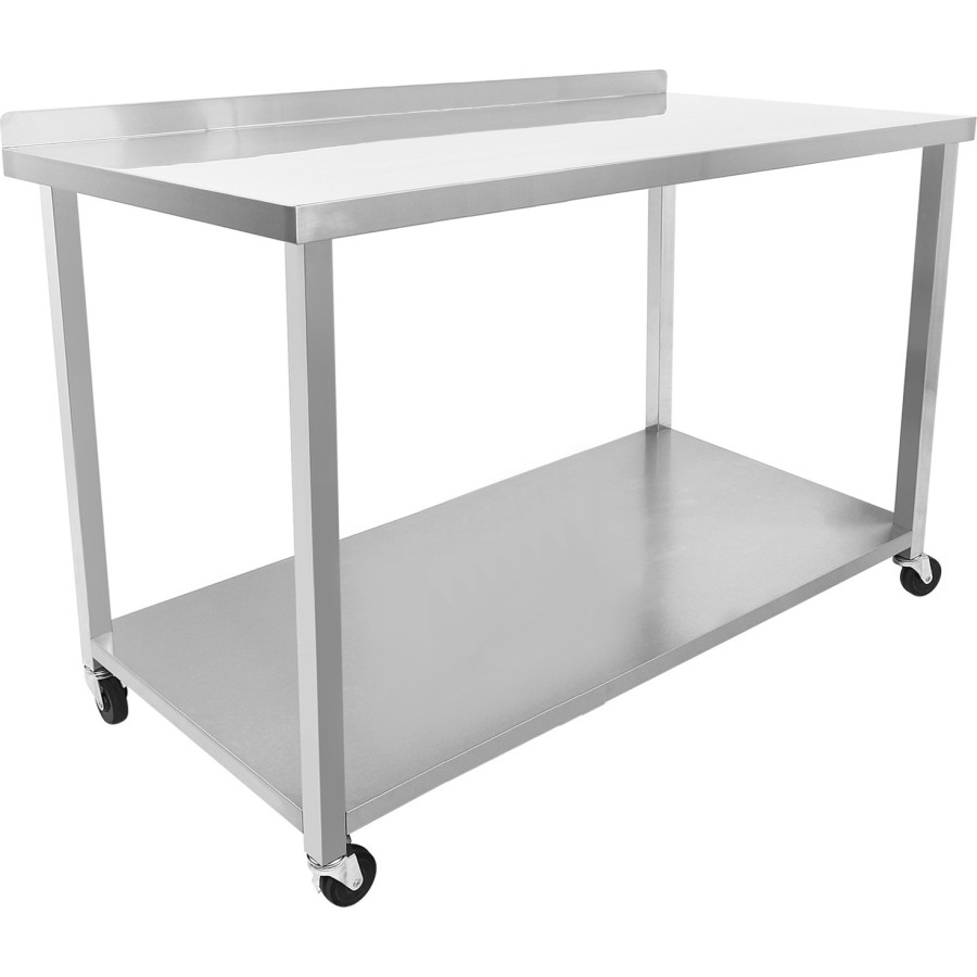 Arbejdsbord i rustfrit stål med hjul med nederste hylde og bagside 1500x700x900mm | Adexa DWTC70150B