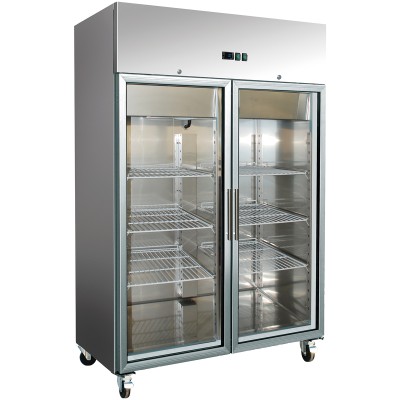 Professionelt køleskab 1400 liter Rustfrit stål Dobbelt glasdør GN2/1 Ventileret | Adexa R1400VGLASS