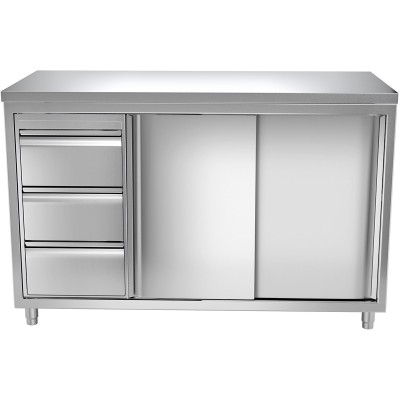 Arbejdsskab 3 skuffer til venstre & 2 skydelåger Rustfrit stål 1600x600x850mm | Adexa VTC166L3