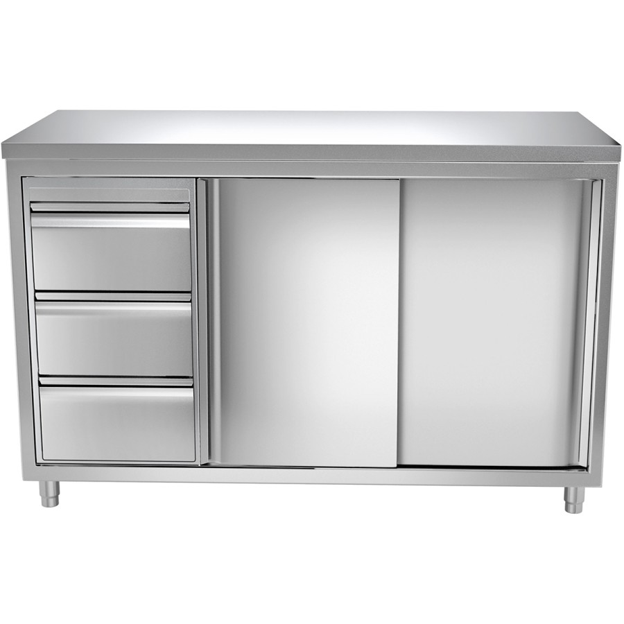 Arbejdsskab 3 skuffer til venstre & 2 skydelåger Rustfrit stål 1600x600x850mm | Adexa VTC166L3