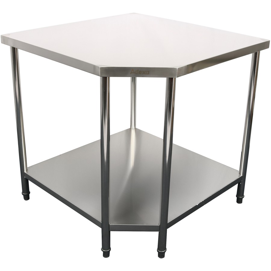 Arbejdsbord Hjørneenhed Rustfrit stål 900x900x600x600x900mm Underhylde Runde ben | Adexa CWT1060R