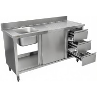 Vask med underskab med skydedøre 3 skuffer rustfrit stål 1600x600x900mm 1 skuffe til venstre Stænkplade | Adexa DSA601602D3DL