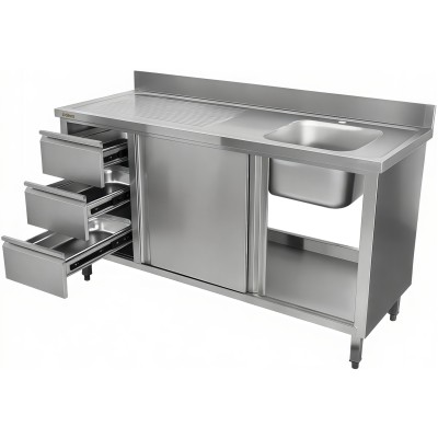 Vask med underskab med skydedøre 3 skuffer rustfrit stål 1600x600x900mm 1 skuffe til højre Splashback | Adexa DSA601602D3DR