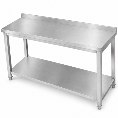 Professionelt arbejdsbord i rustfrit stål med underhylde, bagkant 50 mm, firkantede ben, 1600 x 600 x 900 mm | Adexa DWT16060
