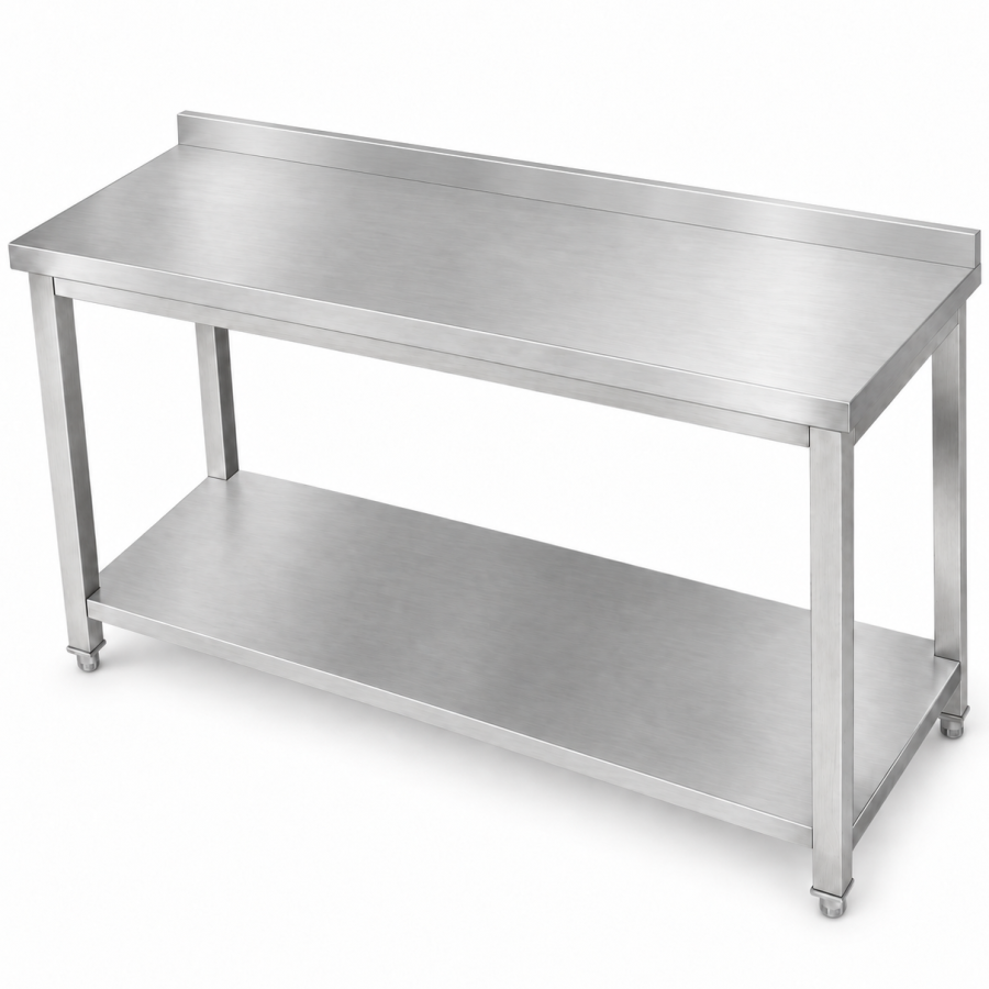 Professionelt arbejdsbord i rustfrit stål med underhylde, bagkant 50 mm, firkantede ben, 1600 x 600 x 900 mm | Adexa DWT16060