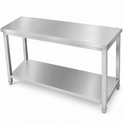 Professionelt arbejdsbord i rustfrit stål med underhylde og firkantede ben, 1600 x 600 x 900 mm | Adexa DWT16060WO