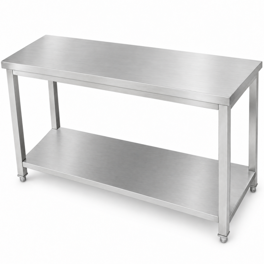 Professionelt arbejdsbord i rustfrit stål med underhylde og firkantede ben, 1600 x 600 x 900 mm | Adexa DWT16060WO