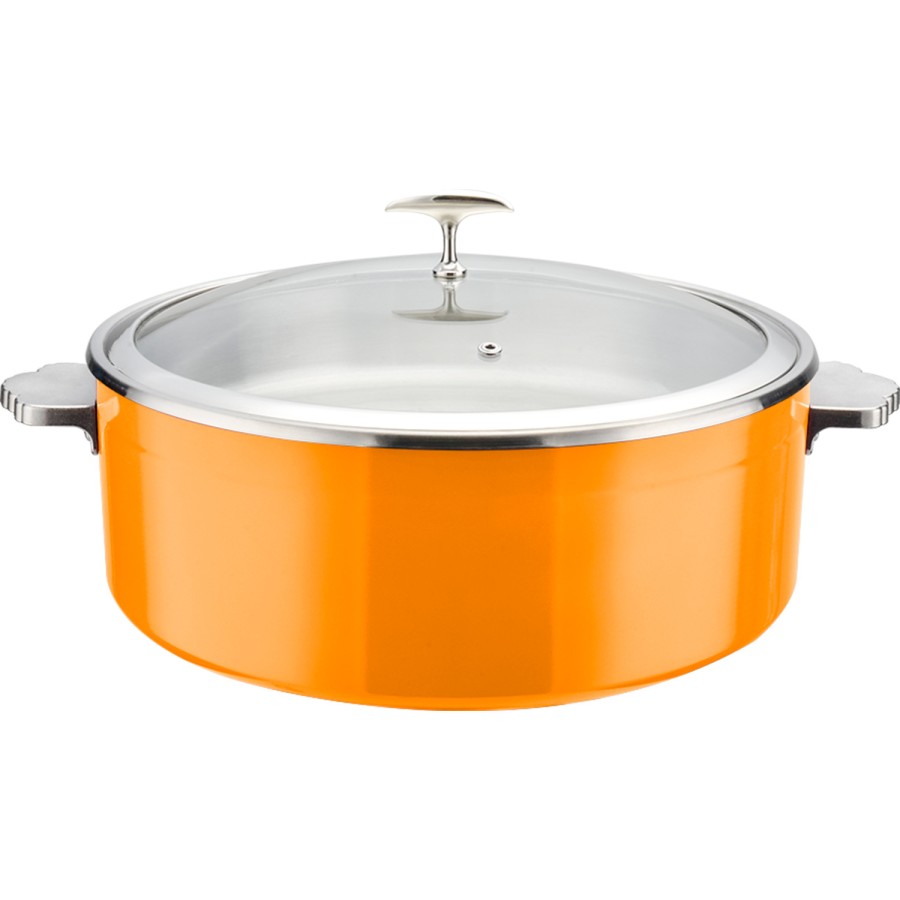 Serveringsgryde med glaslåg og indsats i rustfrit stål Trelags hamret overflade 320x120mm Orange | Adexa E0912015