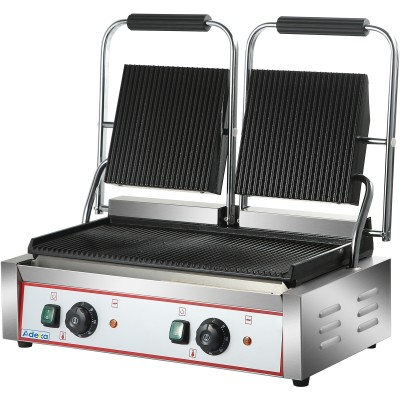 Heavy Duty Twin Panini Contact grill Ribbed 3.6kW Dual Zone | Adexa HEG813