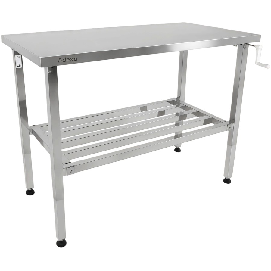 Højdejusterbart arbejdsbord i rustfrit stål 1200 x 600 x 700–1000 mm med understøtteben og hylde | Adexa MCEWA60120