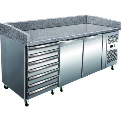 Pizzakølebord/bageribord med granitplade, 2 døre og 7 skuffer, dybde 800 mm | Adexa PZ46
