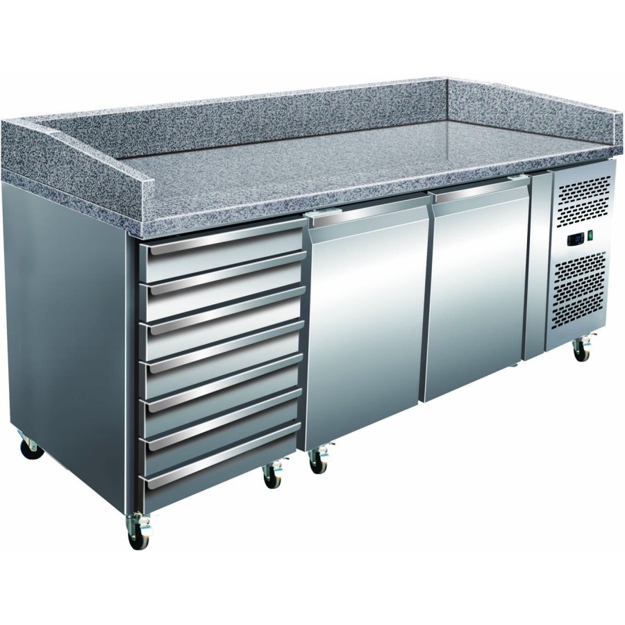 Pizzakølebord/bageribord med granitplade, 2 døre og 7 skuffer, dybde 800 mm | Adexa PZ46