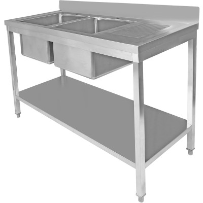 Køkkenvask i rustfrit stål 1800x600x900mm 2 kroge til venstre & afløbsplade Kant Underhylde | Adexa STT1860L