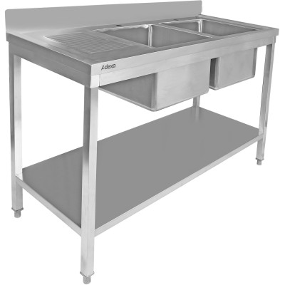Køkkenvask i rustfrit stål 1800x600x900mm 2 kroge til højre & afløbsplade Kant Underhylde | Adexa STT1860R