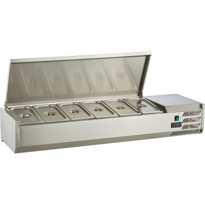 Kølebord / Serveringsdisk Top 1500mm 5xGN1/3+1xGN1/2 Dybde 380mm Rustfri stållåg | Adexa VRX1500380SS