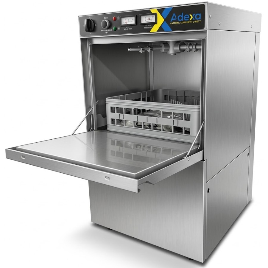 Professionel opvaskemaskine, 30 kurve/time, 400 mm kurv, tømningspumpe, opvaskemiddelpumpe, skyllemiddeldispenser, tank- og varmtvandstermostat | Adexa WZ40DRDPBTT